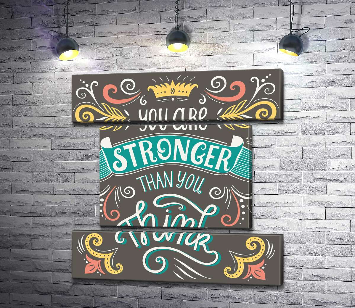 модульная картина Фраза "you are stronger than you think" с цветочными узорами (Модуль №18)
