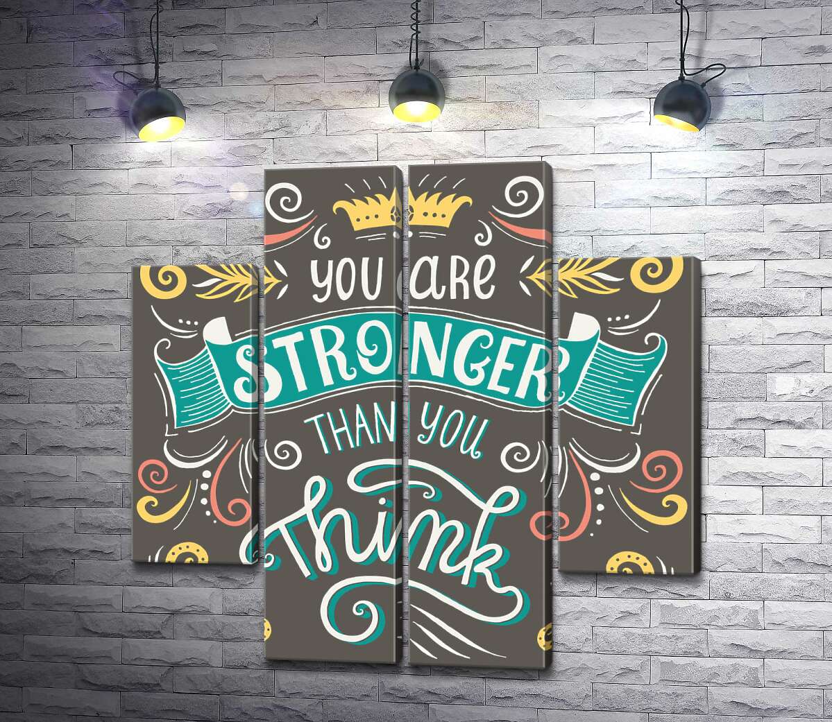 модульная картина Фраза "you are stronger than you think" с цветочными узорами (Модуль №20)