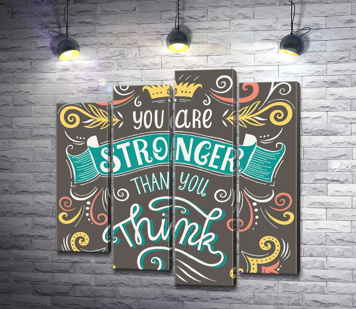 модульна картина Фраза "you are stronger than you think" з квітковими візерунками (Модуль №3)