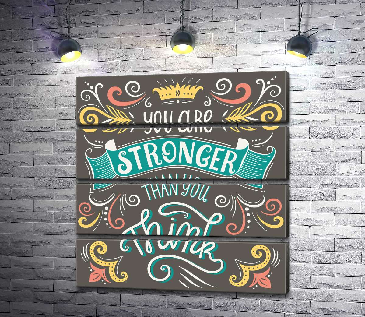 модульна картина Фраза "you are stronger than you think" з квітковими візерунками (Модуль №22)