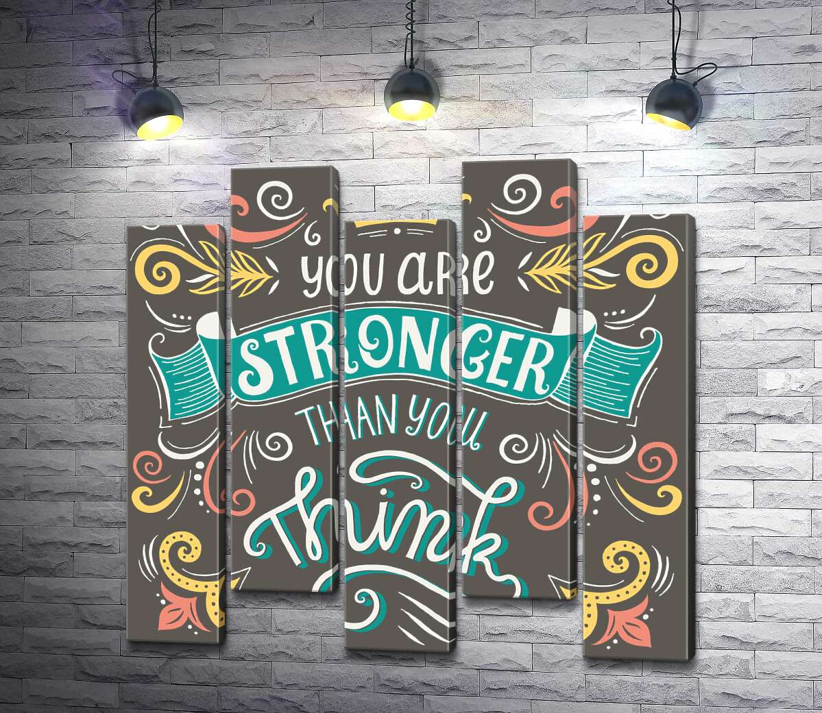 модульная картина Фраза "you are stronger than you think" с цветочными узорами (Модуль №30)