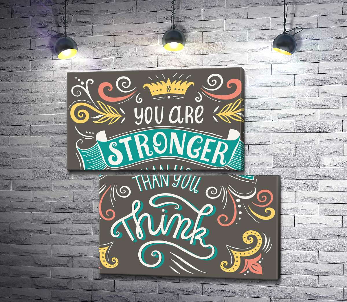 модульна картина Фраза "you are stronger than you think" з квітковими візерунками (Модуль №8)