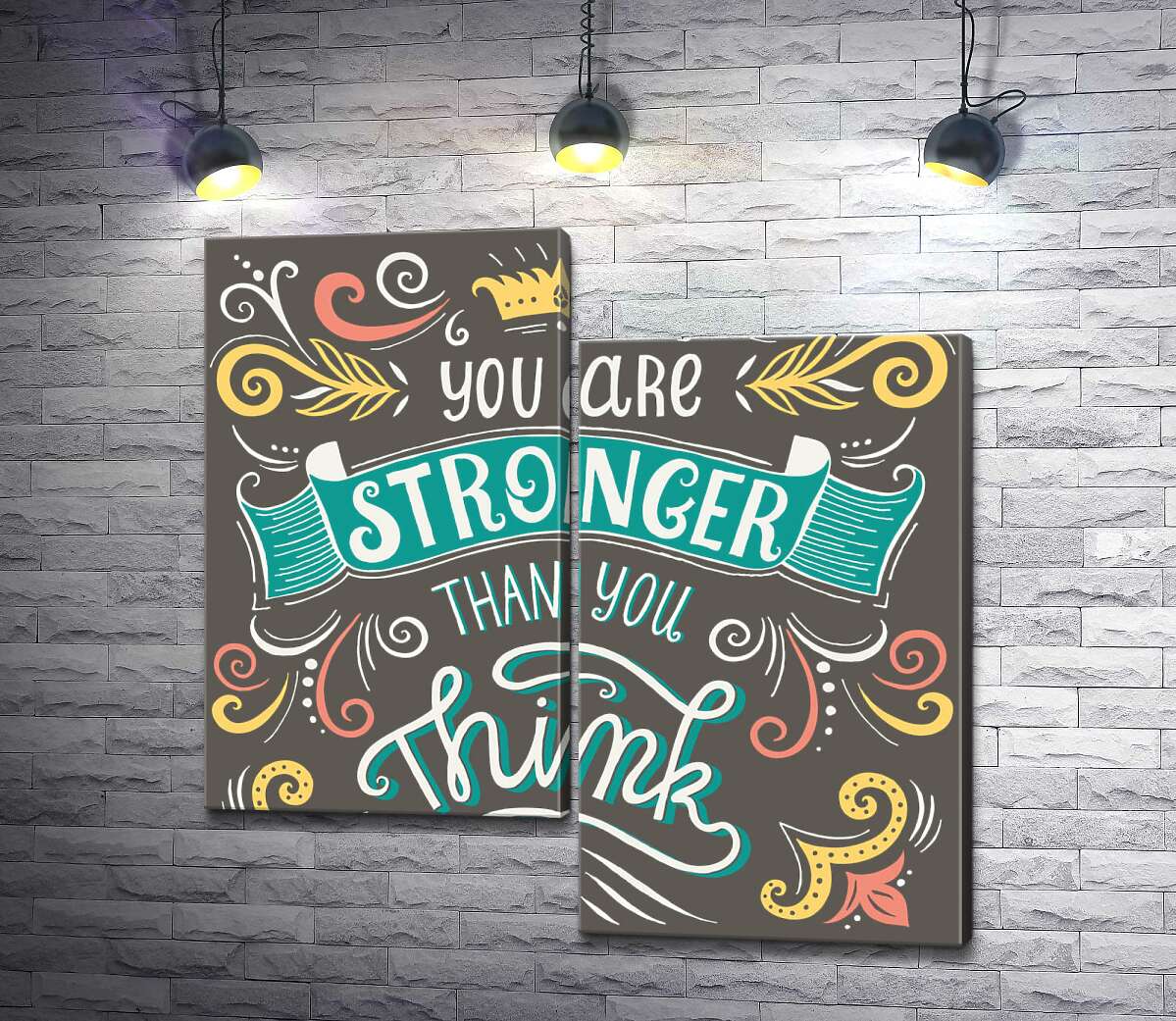 модульная картина Фраза "you are stronger than you think" с цветочными узорами (Модуль №9)