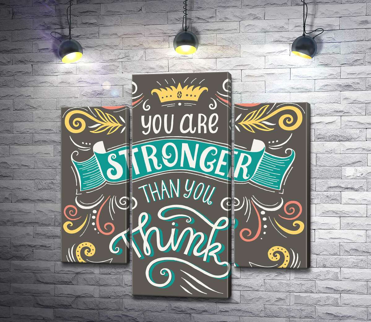модульная картина Фраза "you are stronger than you think" с цветочными узорами (Модуль №10)