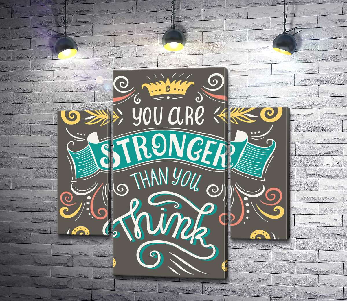 модульна картина Фраза "you are stronger than you think" з квітковими візерунками (Модуль №5)
