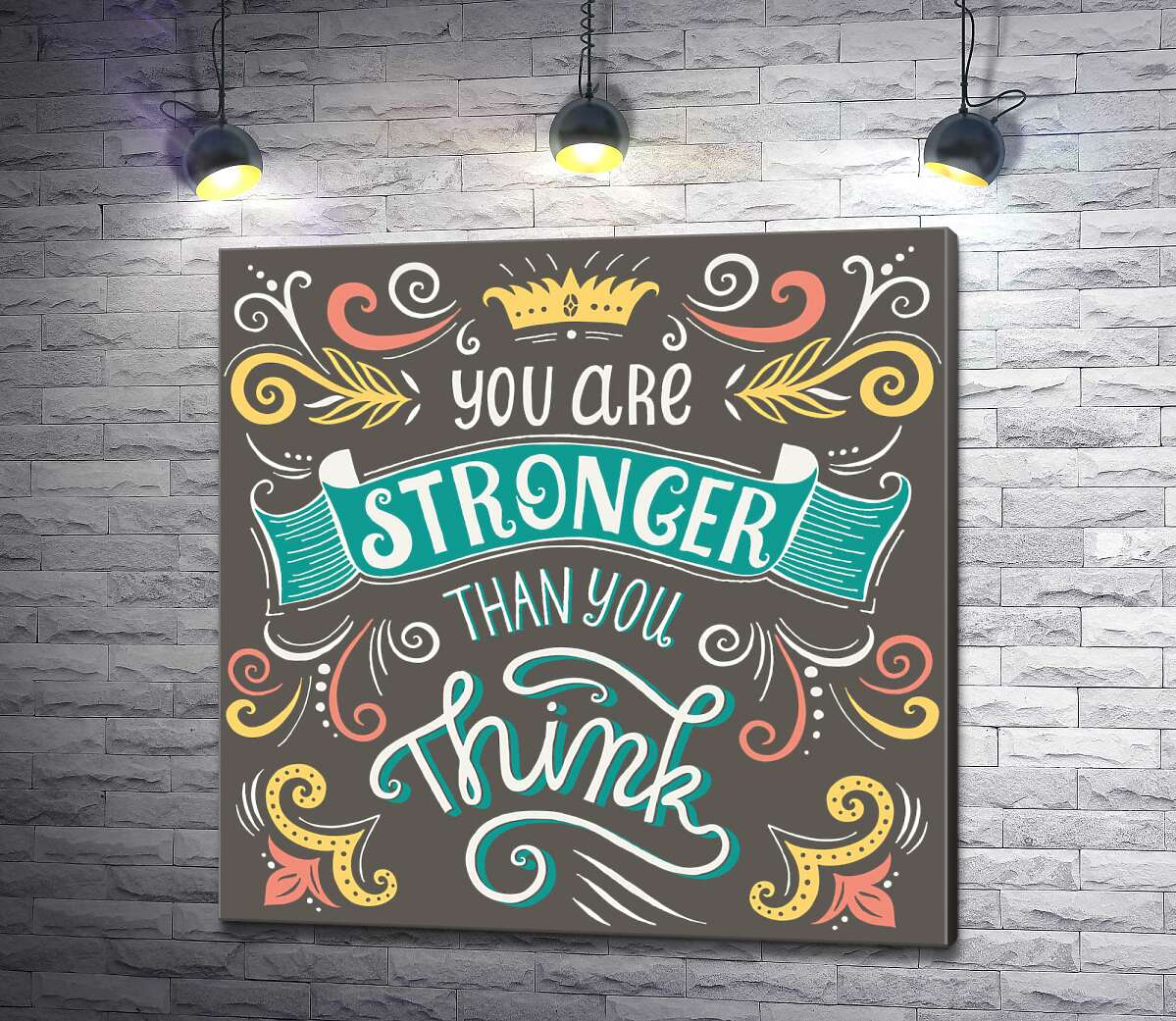 картина Фраза "you are stronger than you think" с цветочными узорами