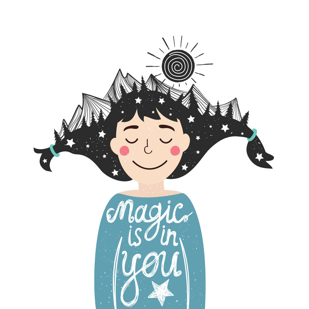 картина-постер Высокие хребты гор в темных волосах девочки с фразой "magic is in you"
