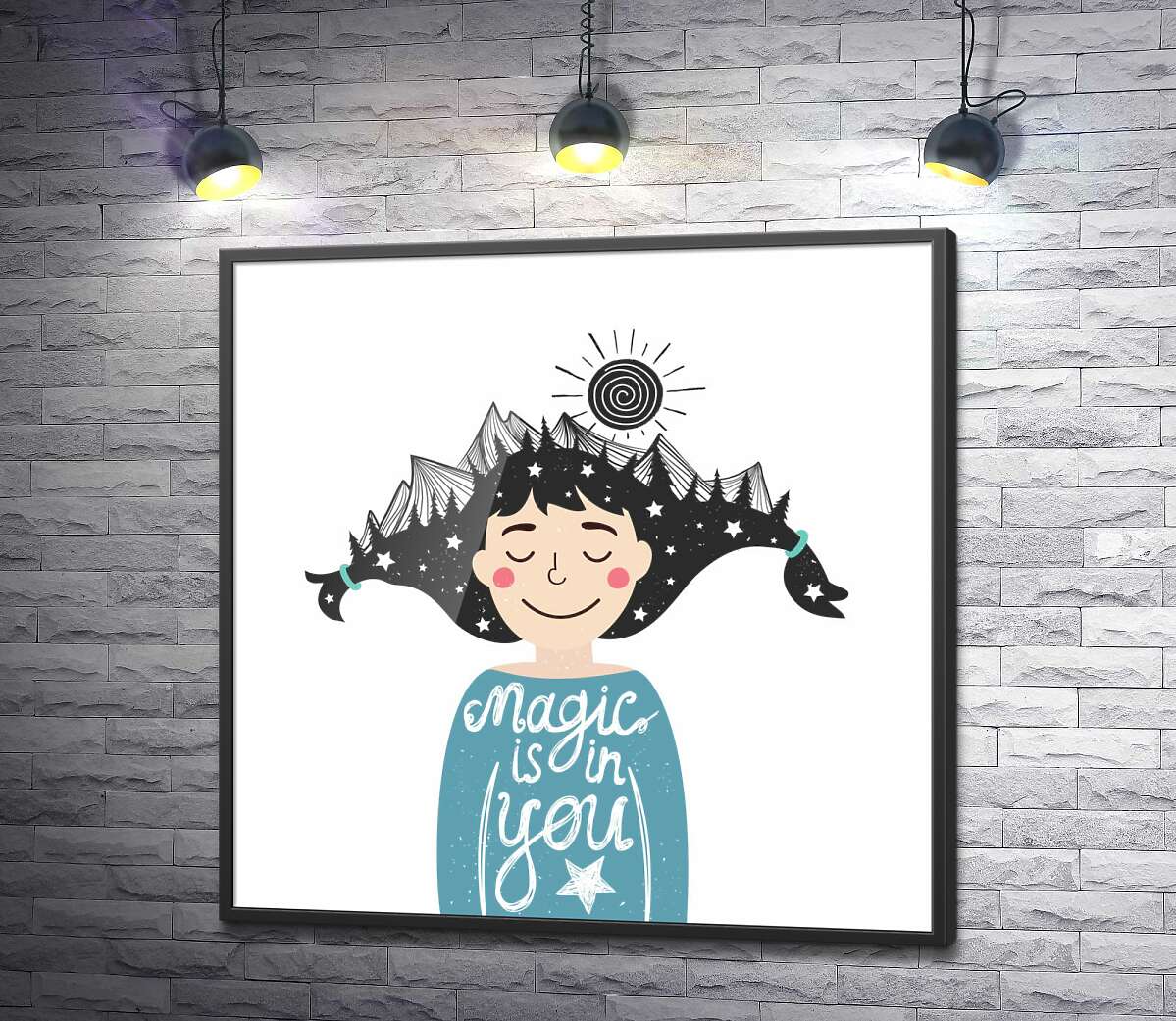 постер Високі хребти гір у темному волоссі дівчинки з фразою "magic is in you"