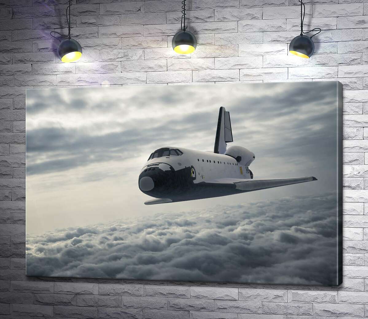 картина Пассажирский самолет в полете над серыми перинами облаков