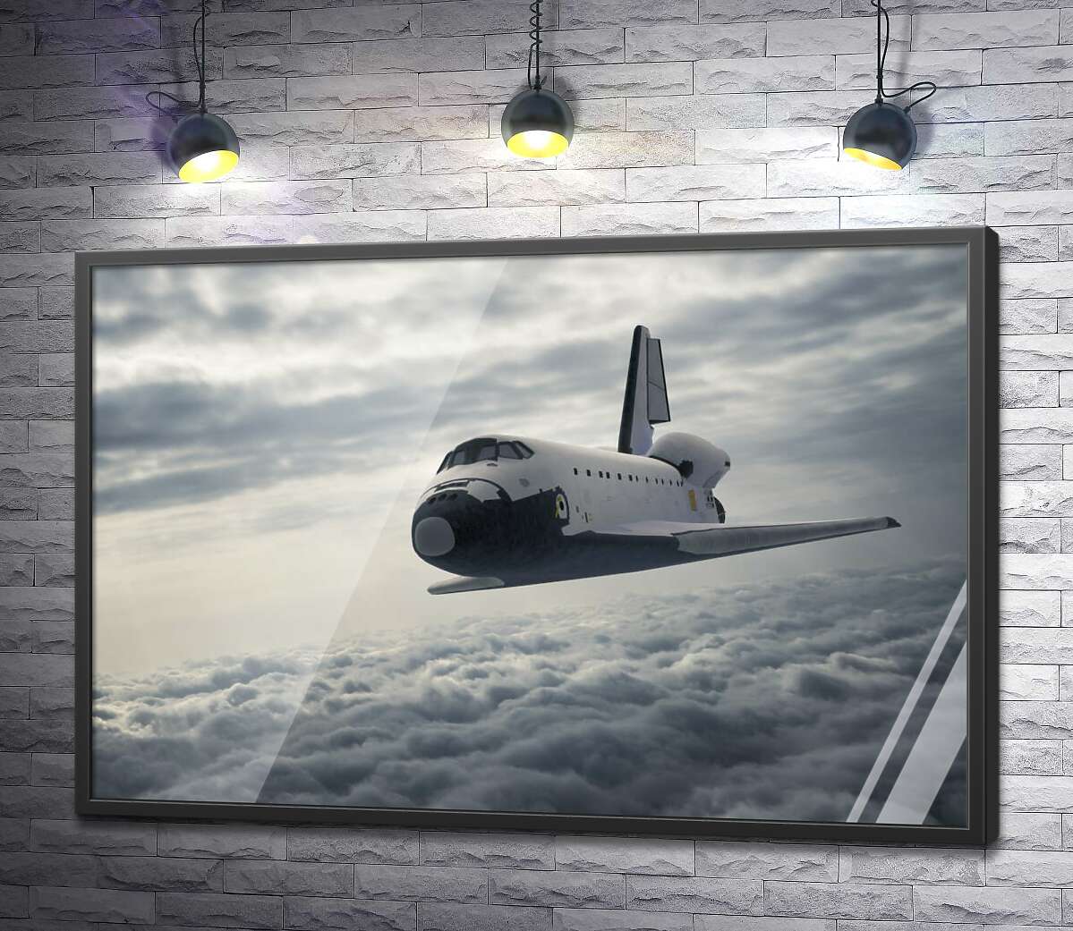 постер Пассажирский самолет в полете над серыми перинами облаков