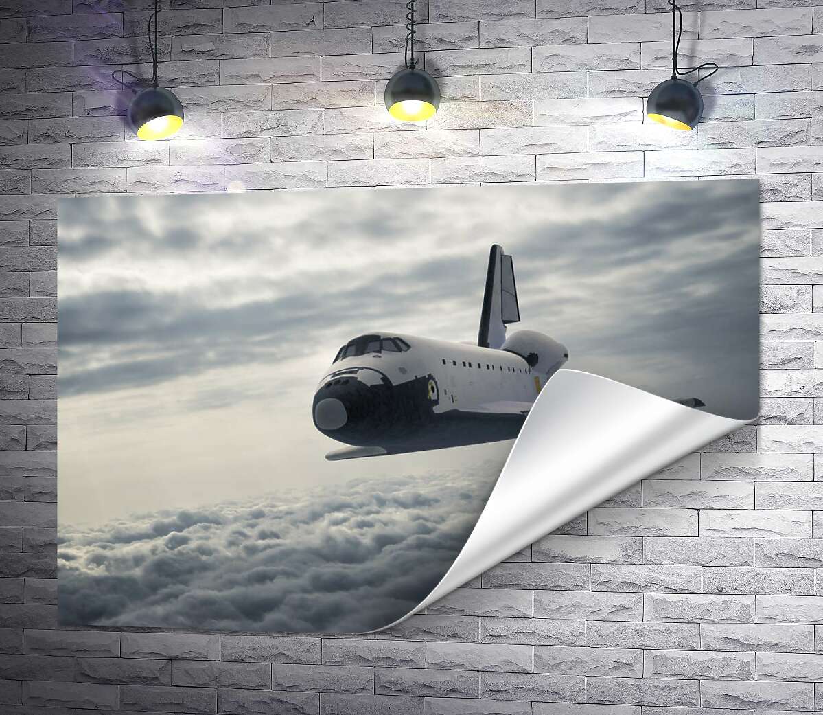 печать Пассажирский самолет в полете над серыми перинами облаков