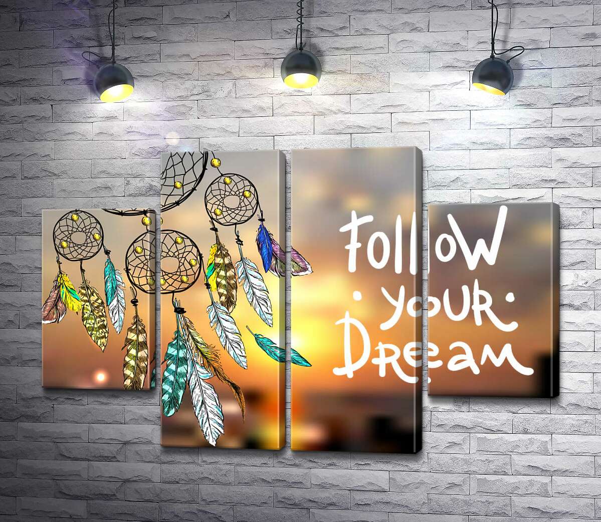 модульная картина Индейский ловец снов рядом с фразой "follow your dream" (Модуль №20)