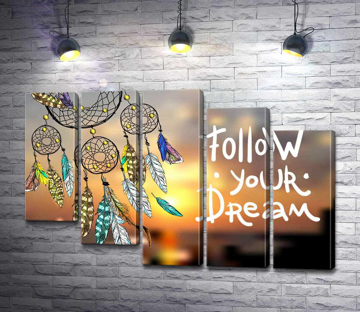 модульная картина Индейский ловец снов рядом с фразой "follow your dream" (Модуль №28)