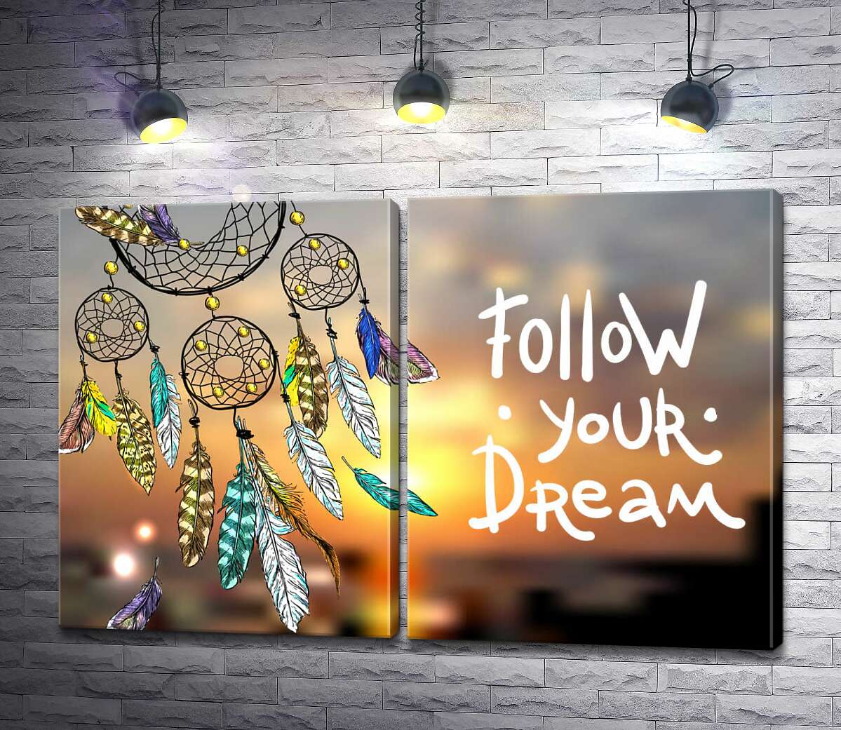модульная картина Индейский ловец снов рядом с фразой "follow your dream" (Модуль №6)