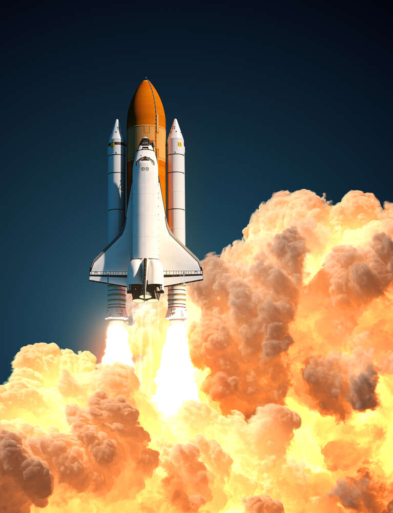 картина-постер Мощная ракета поднимается над оранжевым огненным дымом.