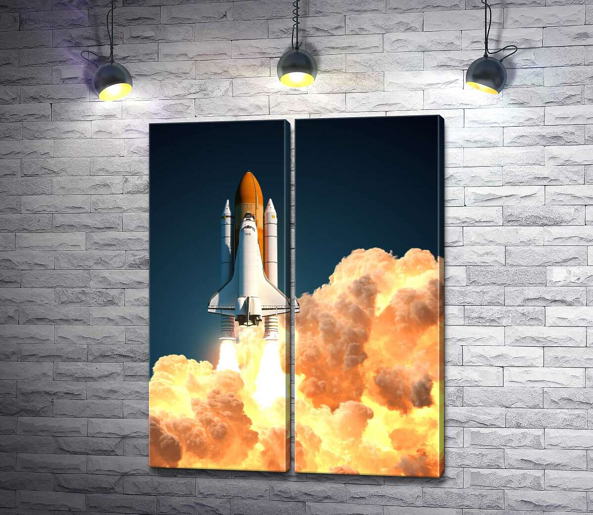 модульная картина Мощная ракета поднимается над оранжевым огненным дымом.