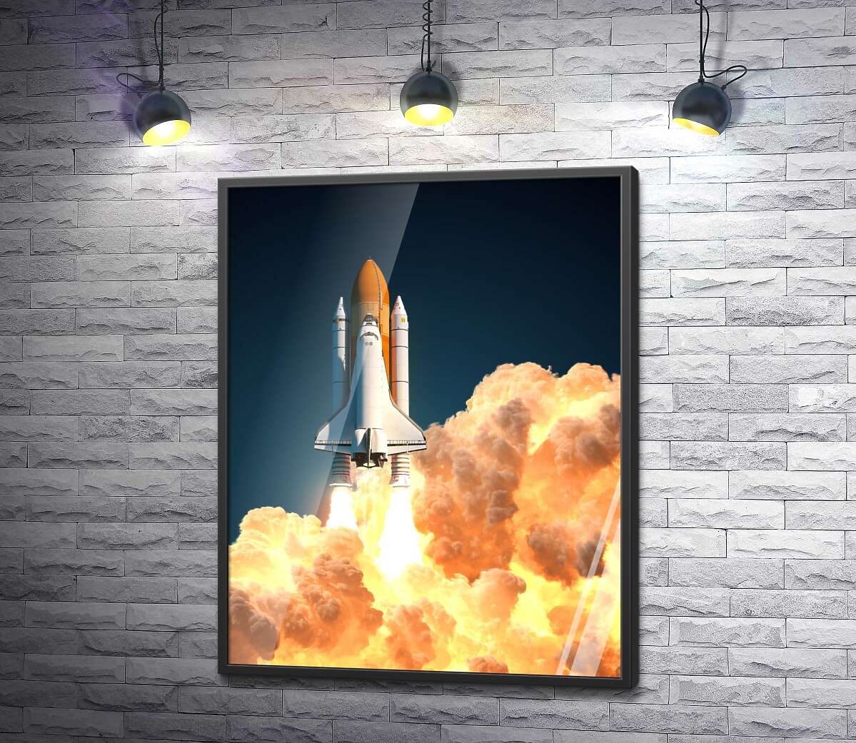 постер Потужна ракета підіймається над помаранчевим вогняним димом