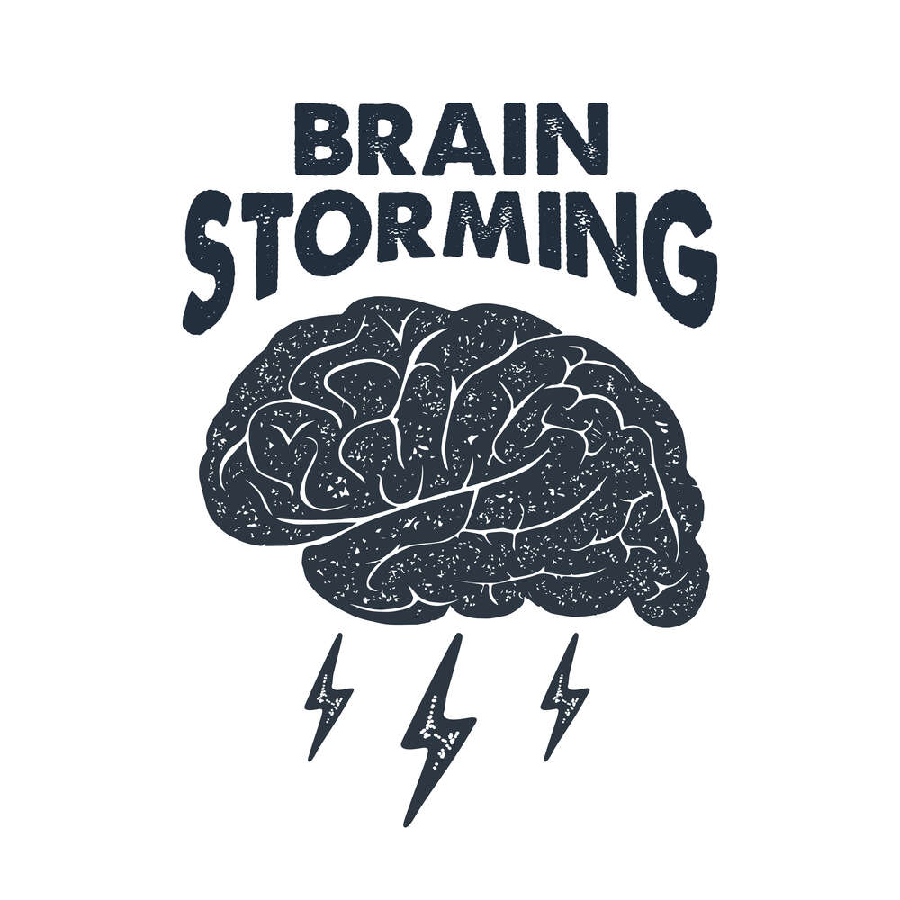 картина-постер Мозг издает молниеносные идеи наряду с фразой "brain storming"