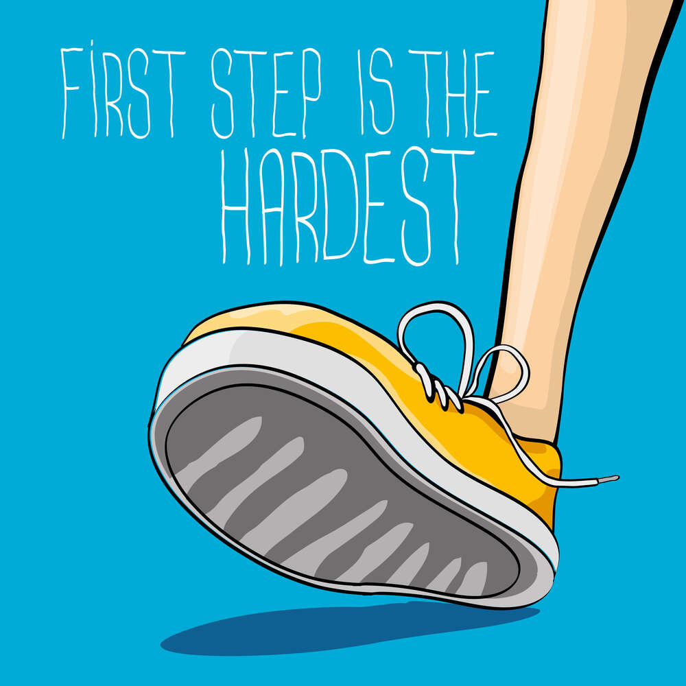 картина-постер Желтый кроссовок ступает на землю рядом с фразой "first step is the hardest"