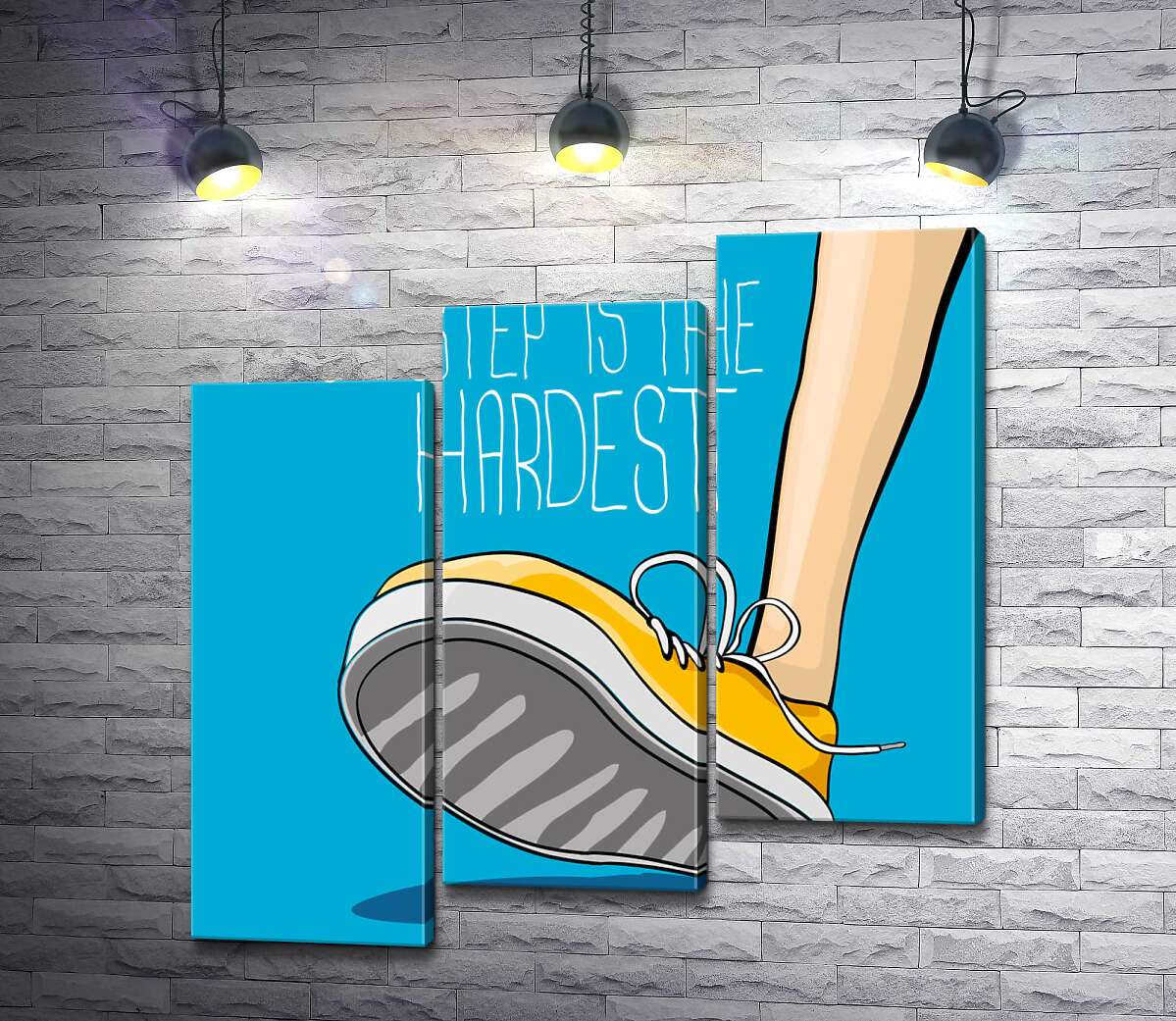 модульна картина Жовтий кросівок ступає на землю поряд з фразою "first step is the hardest" (Модуль №14)