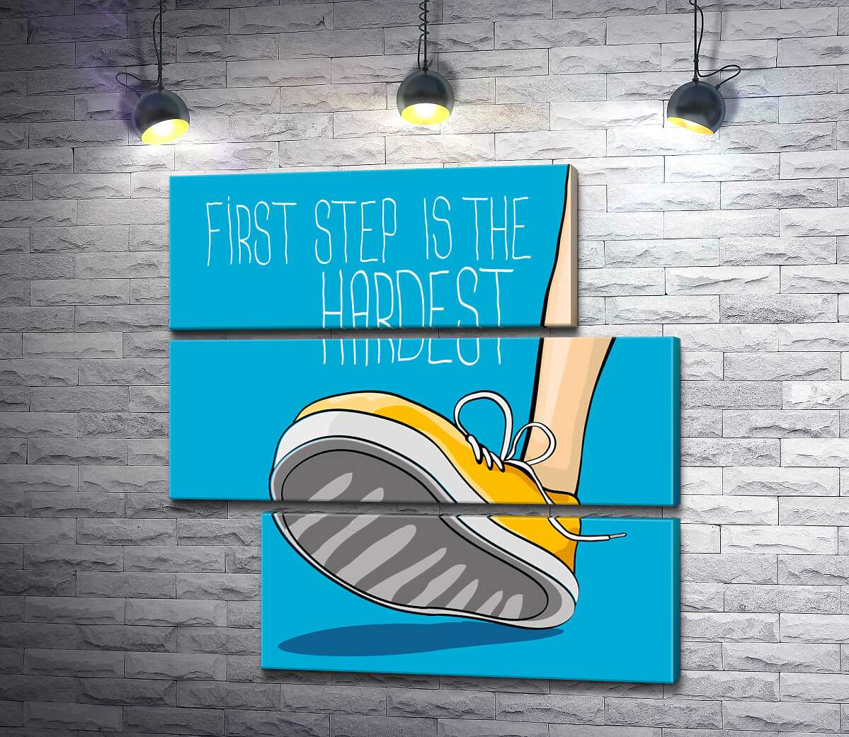 модульная картина Желтый кроссовок ступает на землю рядом с фразой "first step is the hardest" (Модуль №16)
