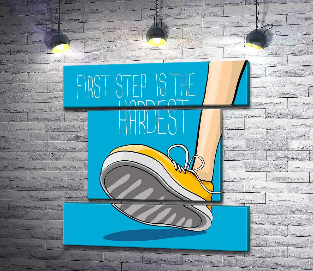 модульна картина Жовтий кросівок ступає на землю поряд з фразою "first step is the hardest" (Модуль №18)