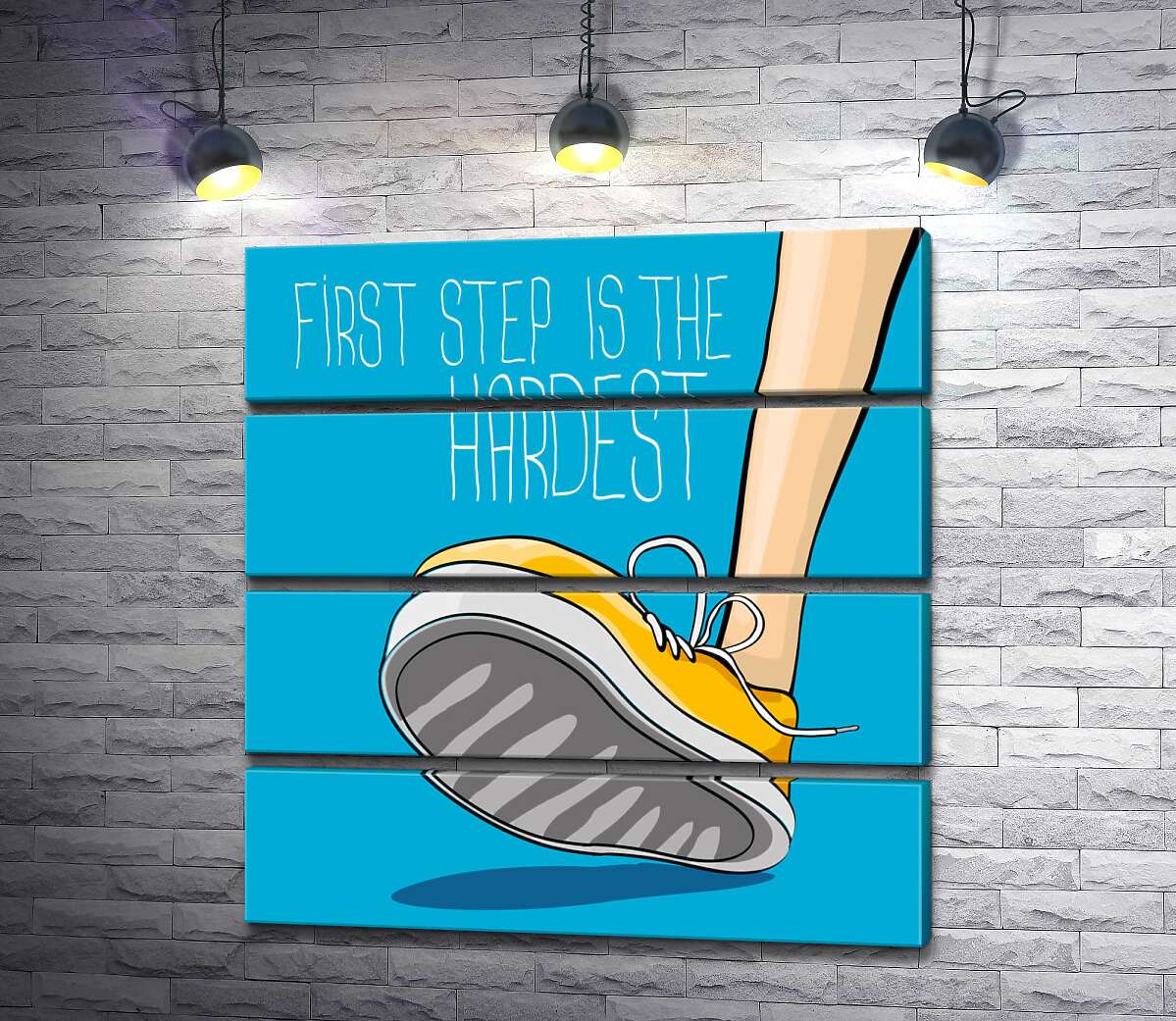 модульна картина Жовтий кросівок ступає на землю поряд з фразою "first step is the hardest" (Модуль №22)