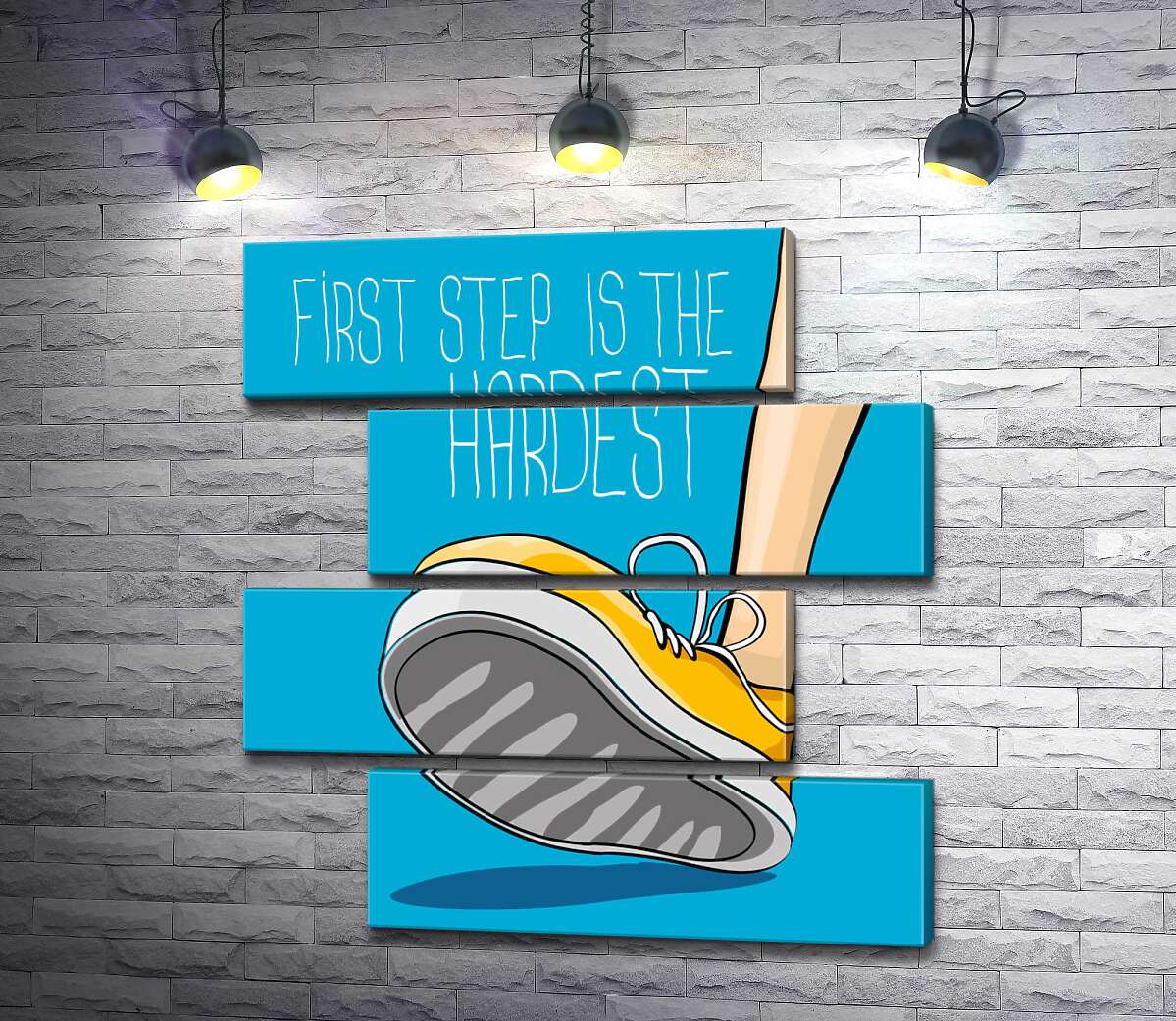 модульная картина Желтый кроссовок ступает на землю рядом с фразой "first step is the hardest" (Модуль №23)