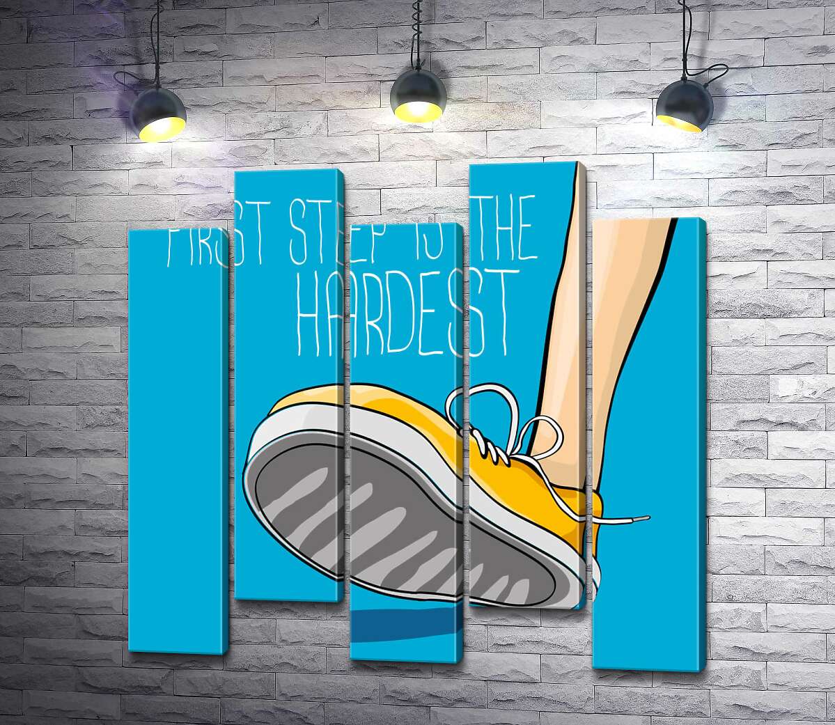 модульна картина Жовтий кросівок ступає на землю поряд з фразою "first step is the hardest" (Модуль №30)