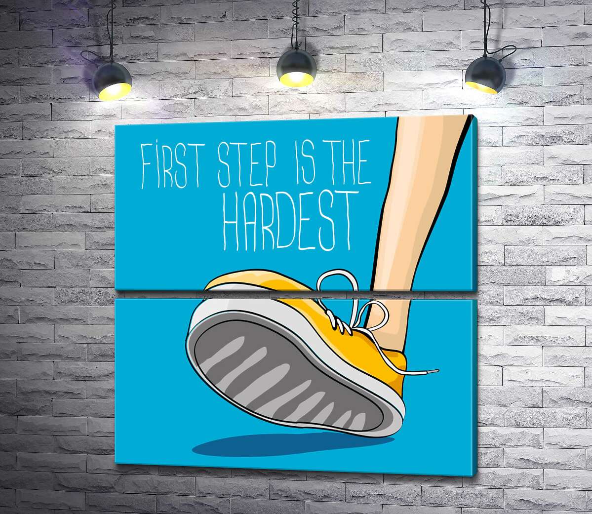 модульная картина Желтый кроссовок ступает на землю рядом с фразой "first step is the hardest" (Модуль №7)