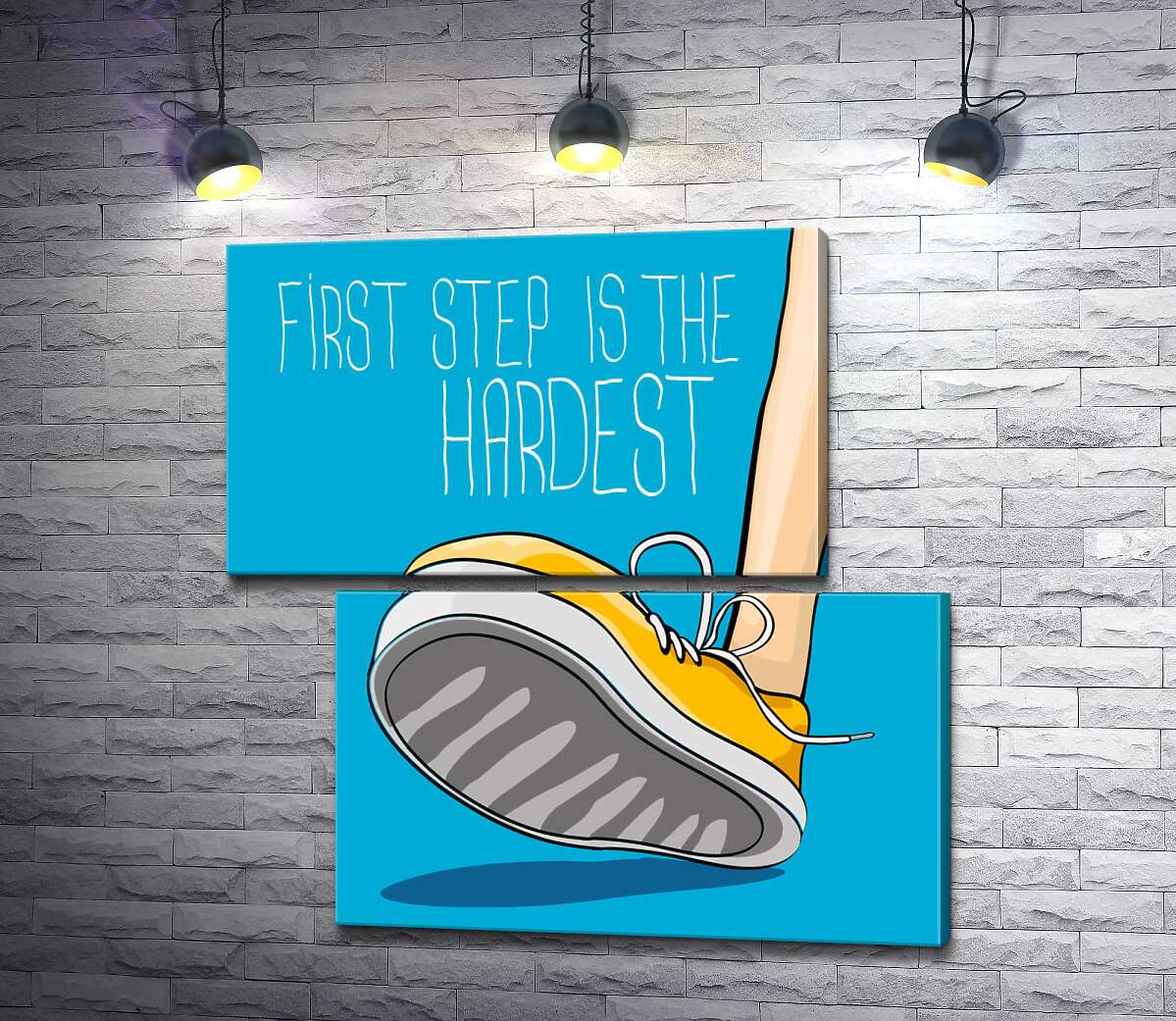 модульна картина Жовтий кросівок ступає на землю поряд з фразою "first step is the hardest" (Модуль №8)