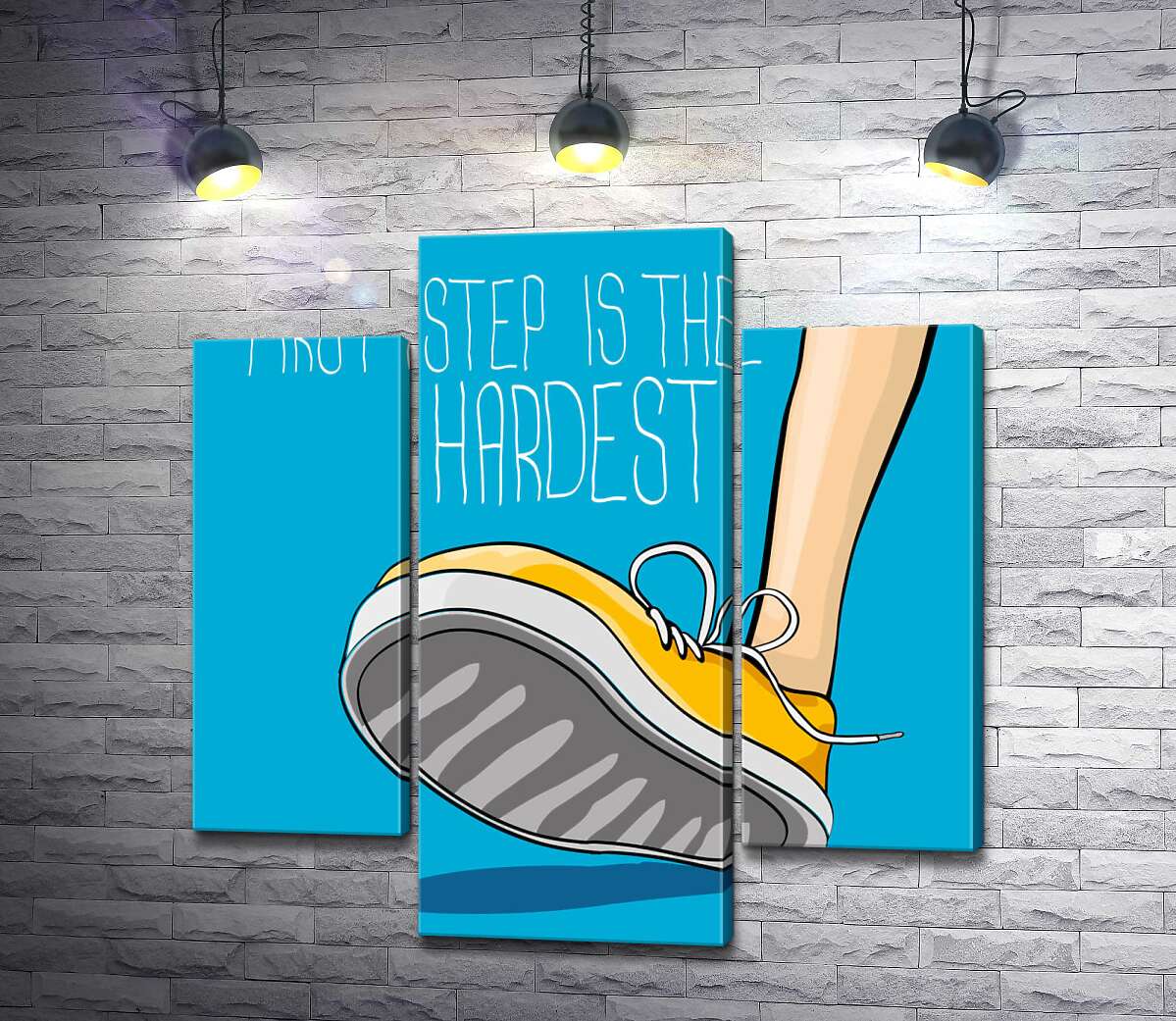 модульна картина Жовтий кросівок ступає на землю поряд з фразою "first step is the hardest" (Модуль №10)