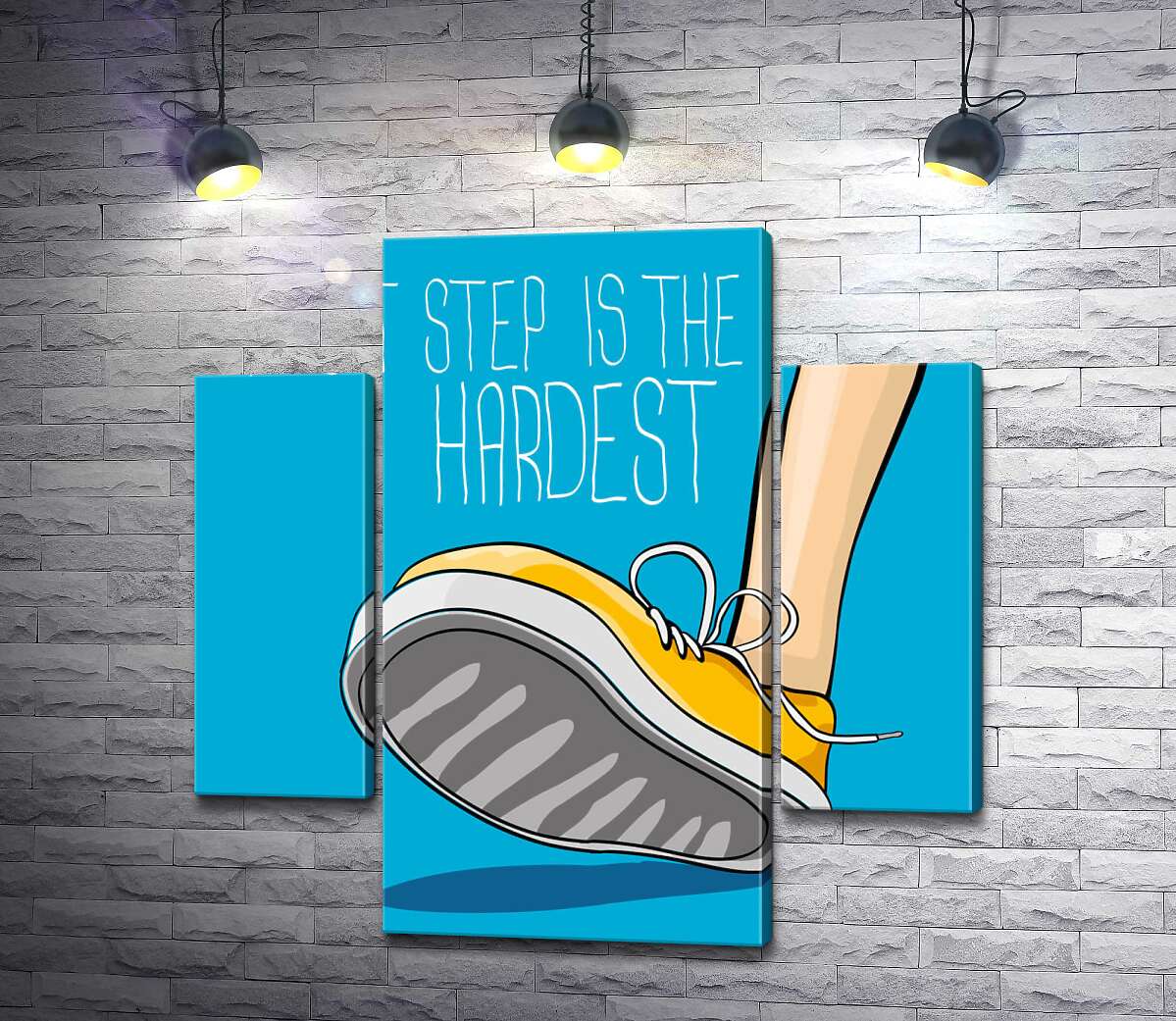 модульна картина Жовтий кросівок ступає на землю поряд з фразою "first step is the hardest" (Модуль №5)