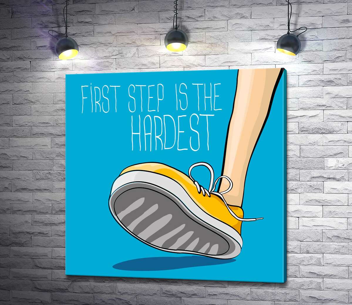 картина Жовтий кросівок ступає на землю поряд з фразою "first step is the hardest"
