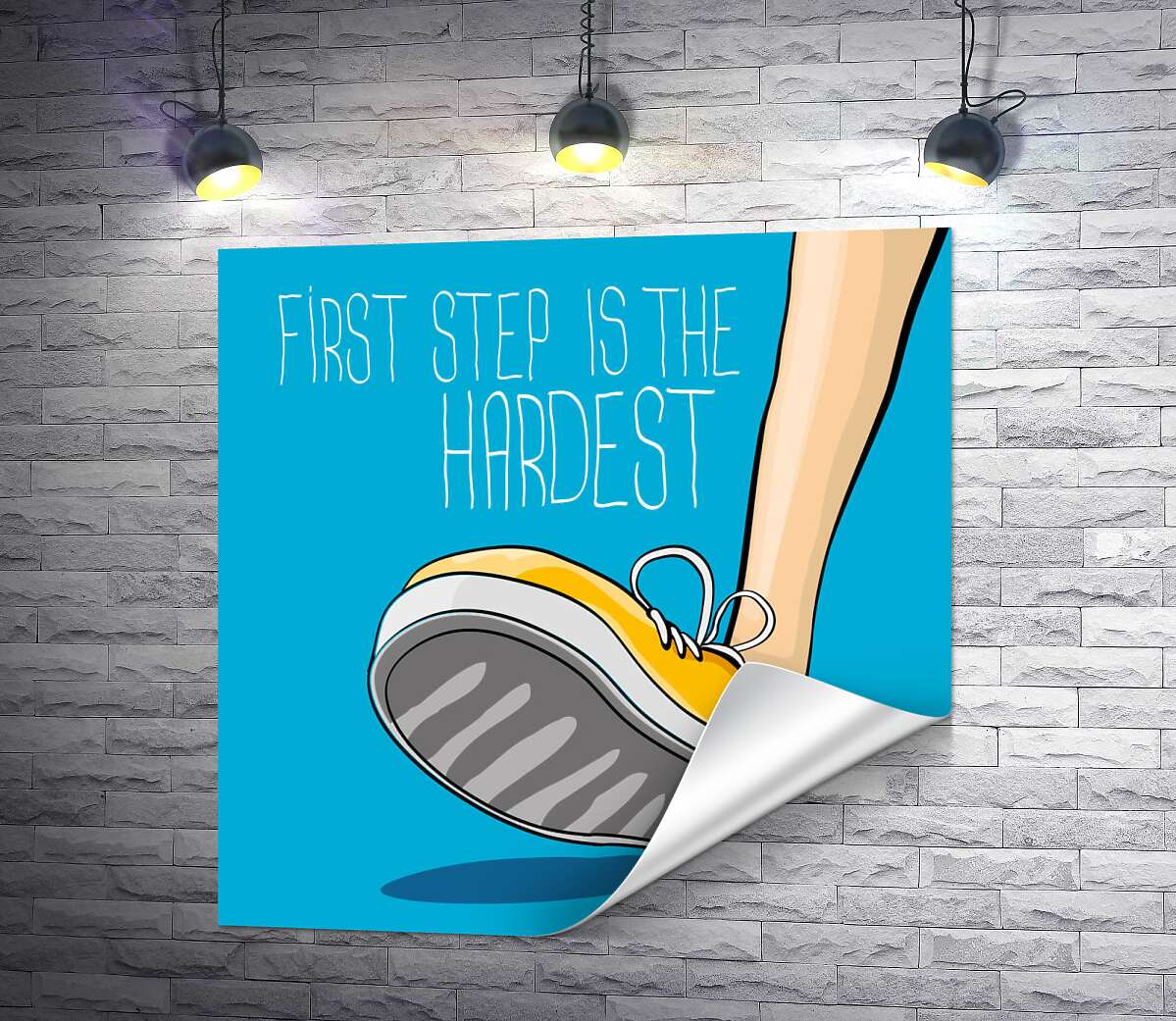 печать Желтый кроссовок ступает на землю рядом с фразой "first step is the hardest"