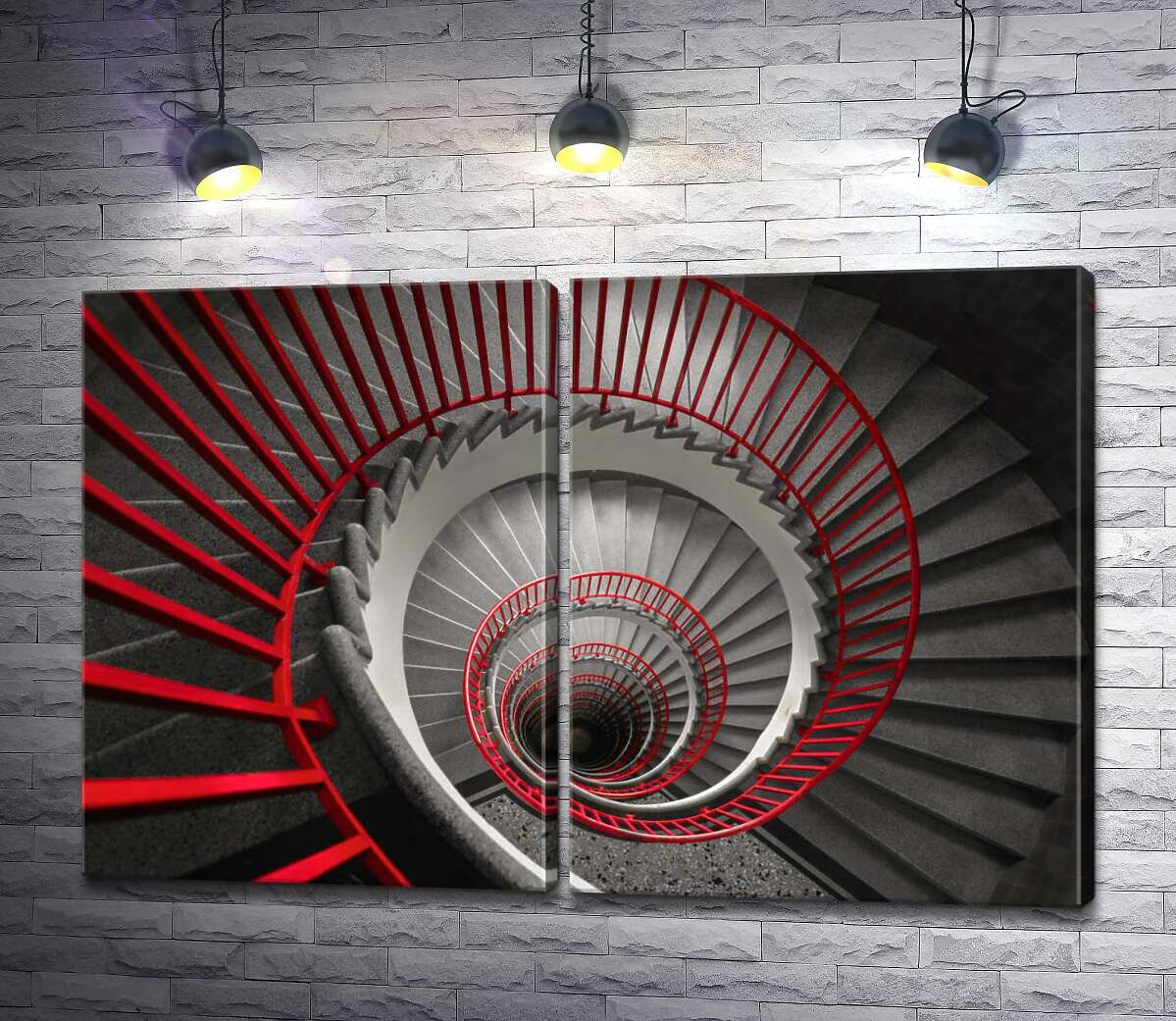 модульная картина Красные перила ярким акцентом обрамляют серую лестницу