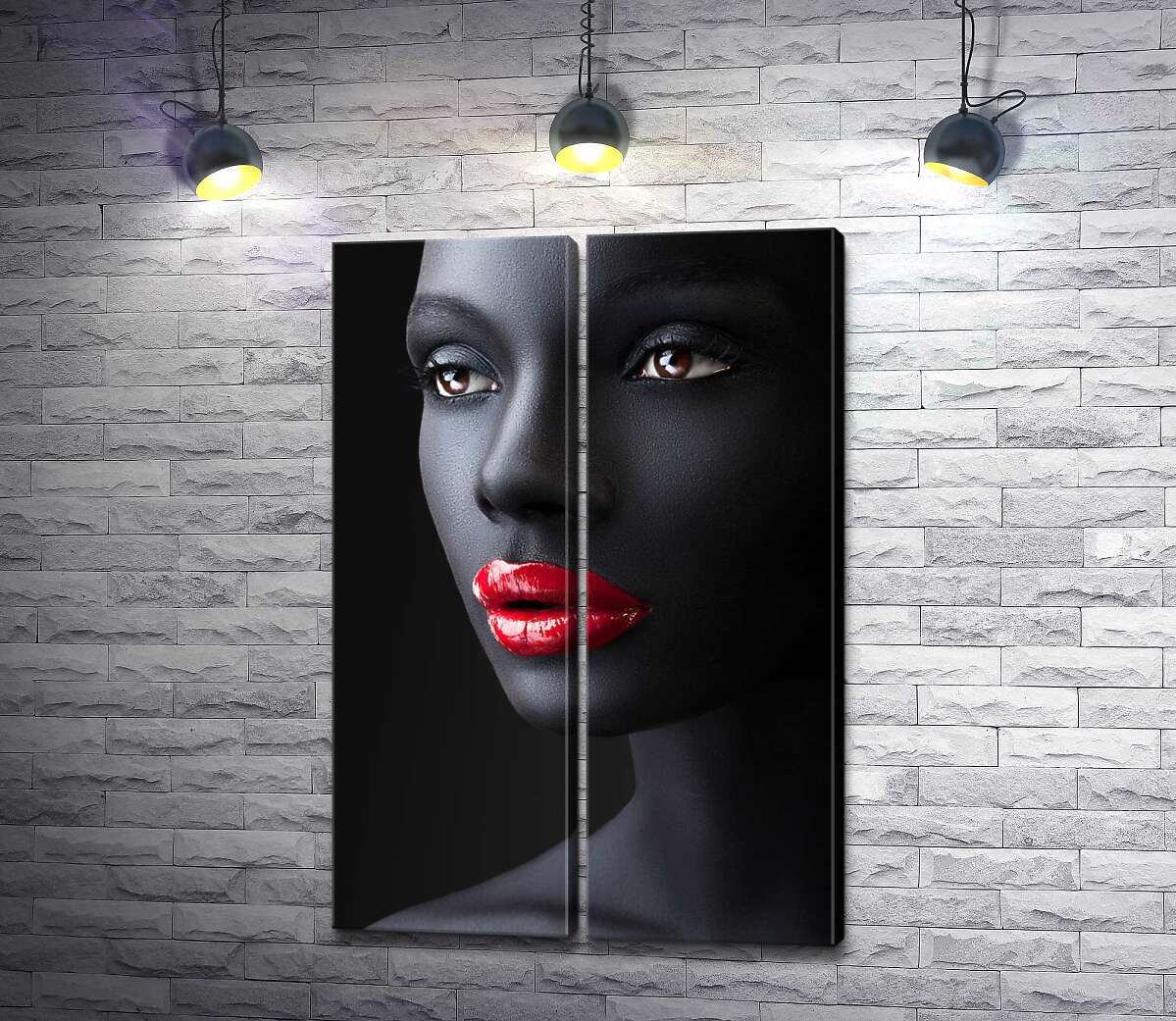 модульная картина Глянцевый блеск красных губ на угольно-черной коже девушки