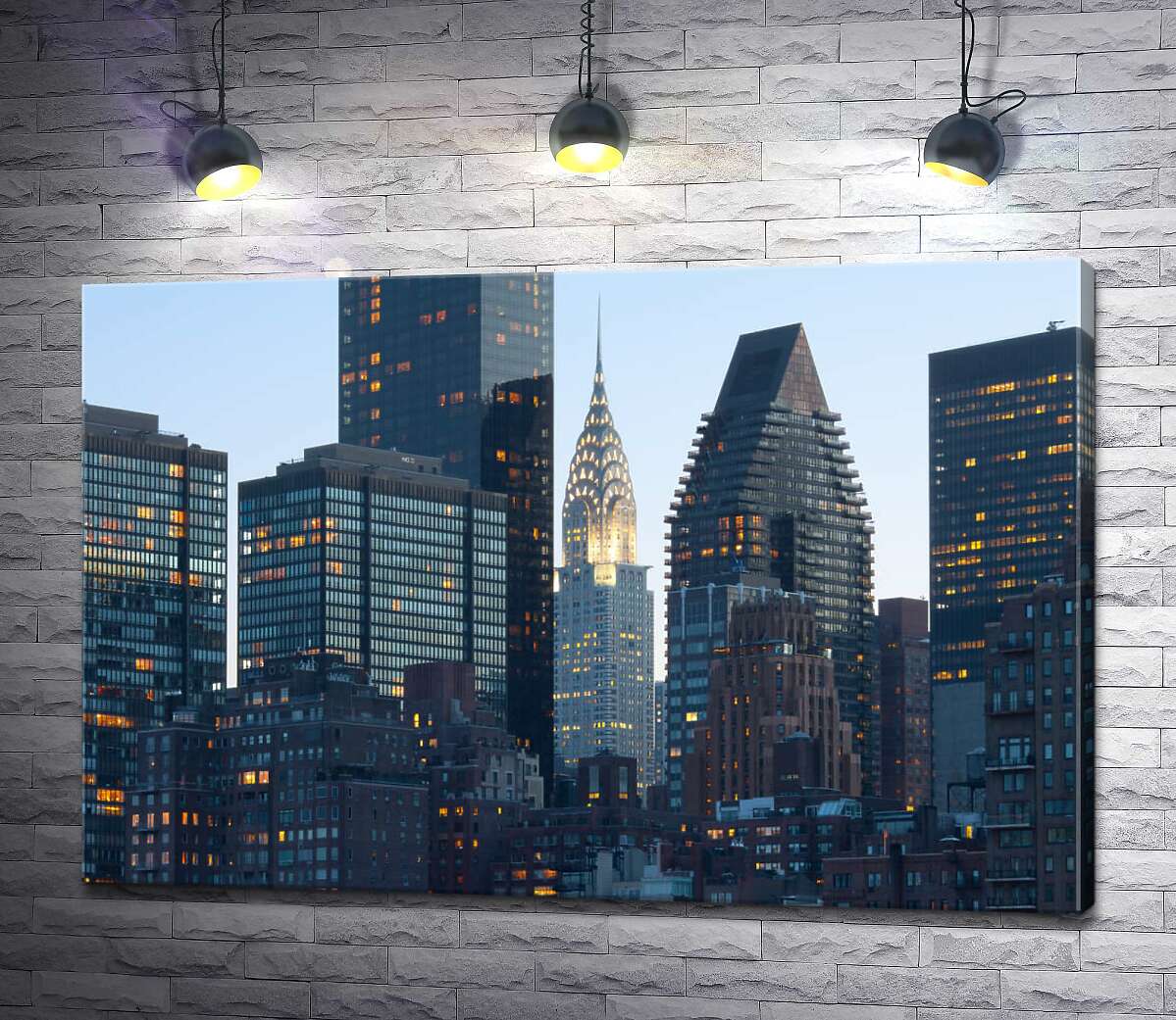 картина Стеклянные небоскребы освещают вечерний Нью-Йорк