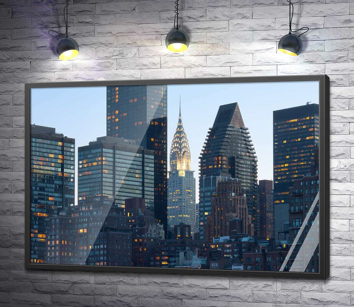постер Стеклянные небоскребы освещают вечерний Нью-Йорк