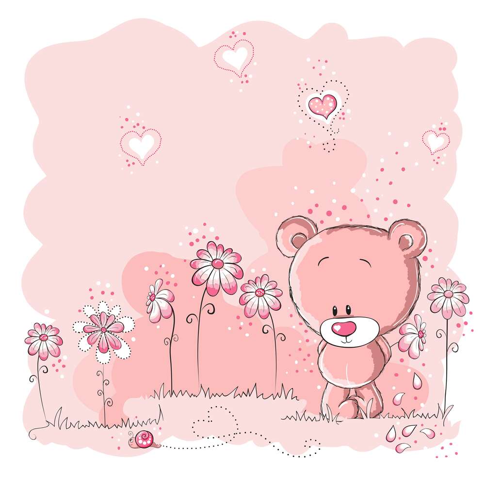 картина-постер Мишка гуляет среди розовых цветов