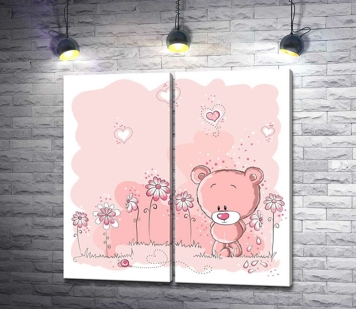модульная картина Мишка гуляет среди розовых цветов
