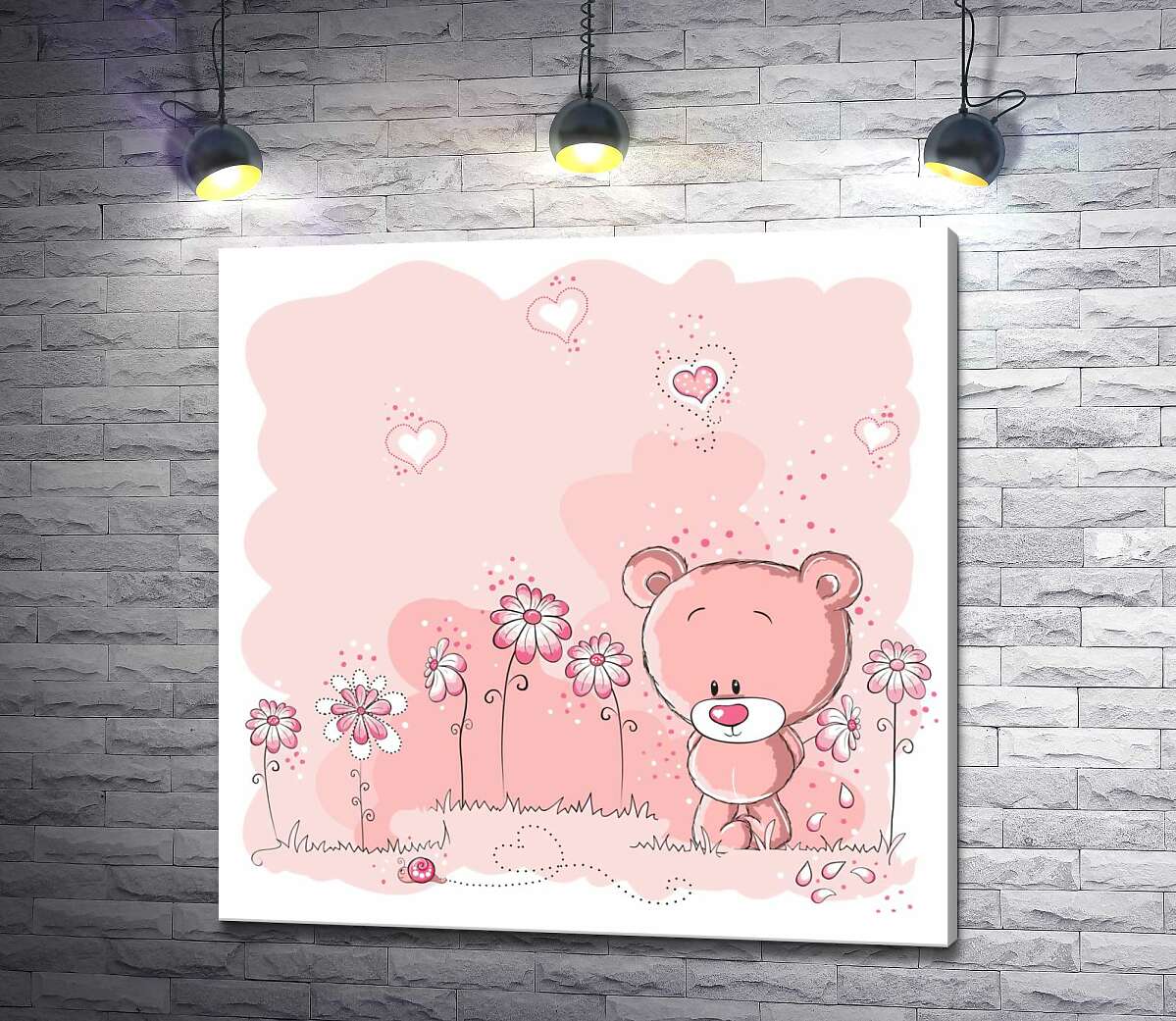 картина Мишка гуляет среди розовых цветов