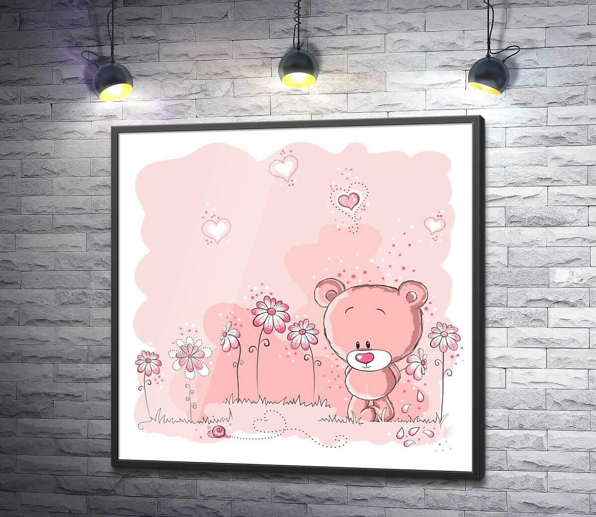 постер Ведмедик гуляє серед рожевих квітів