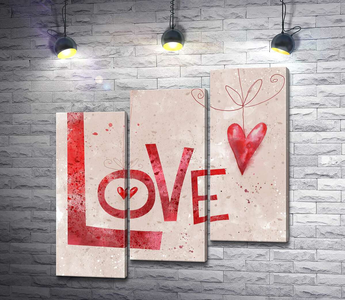 модульная картина Красные сердечки украшают надпись "love" (Модуль №14)