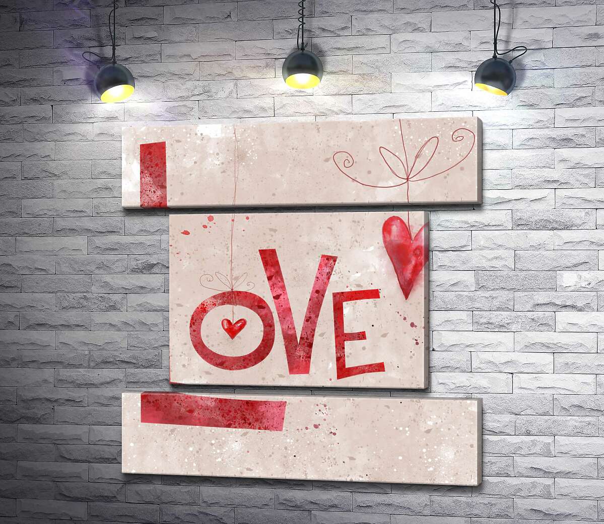 модульная картина Красные сердечки украшают надпись "love" (Модуль №18)