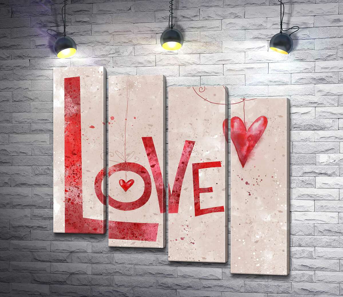модульная картина Красные сердечки украшают надпись "love" (Модуль №19)