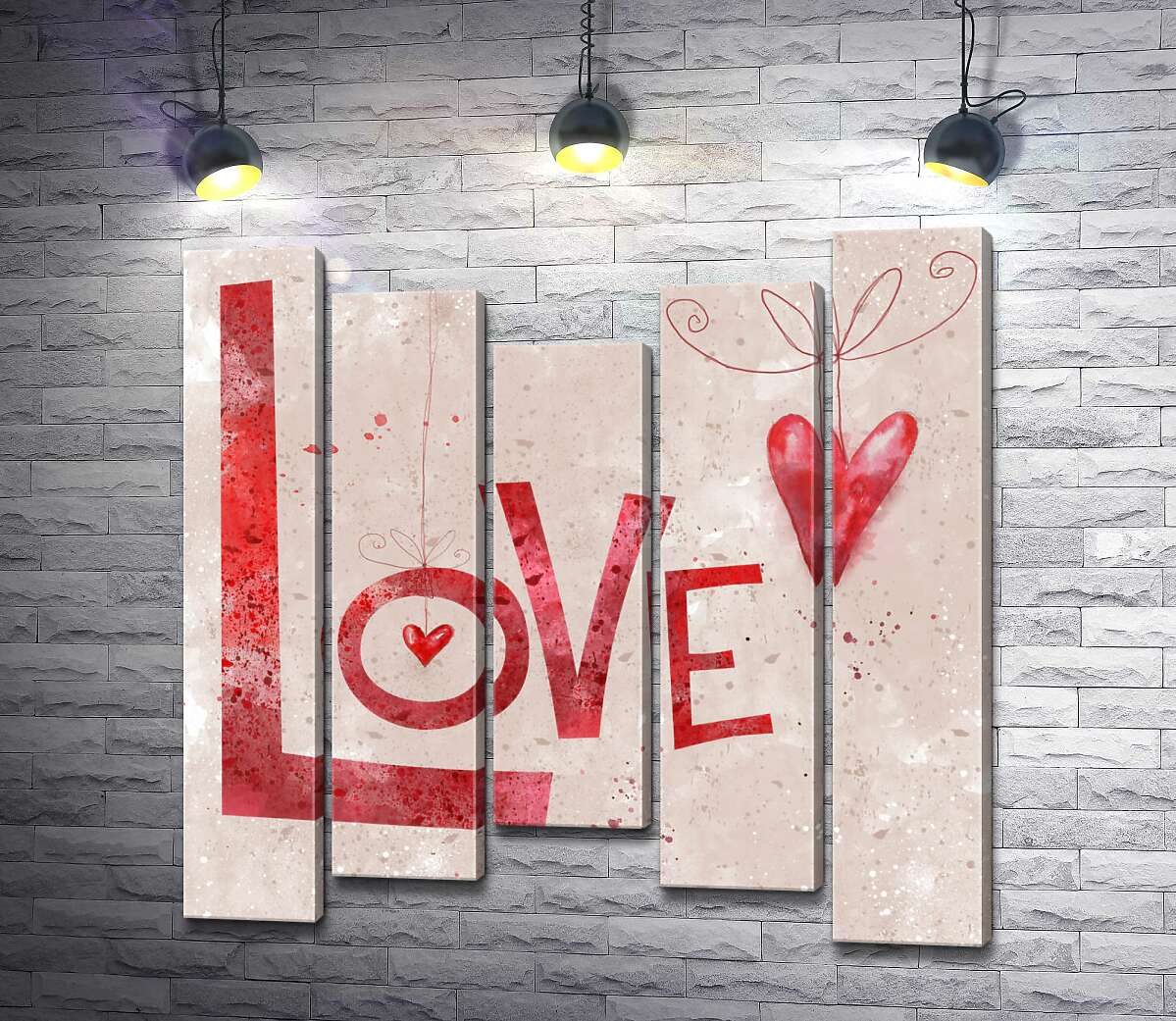 модульная картина Красные сердечки украшают надпись "love" (Модуль №27)