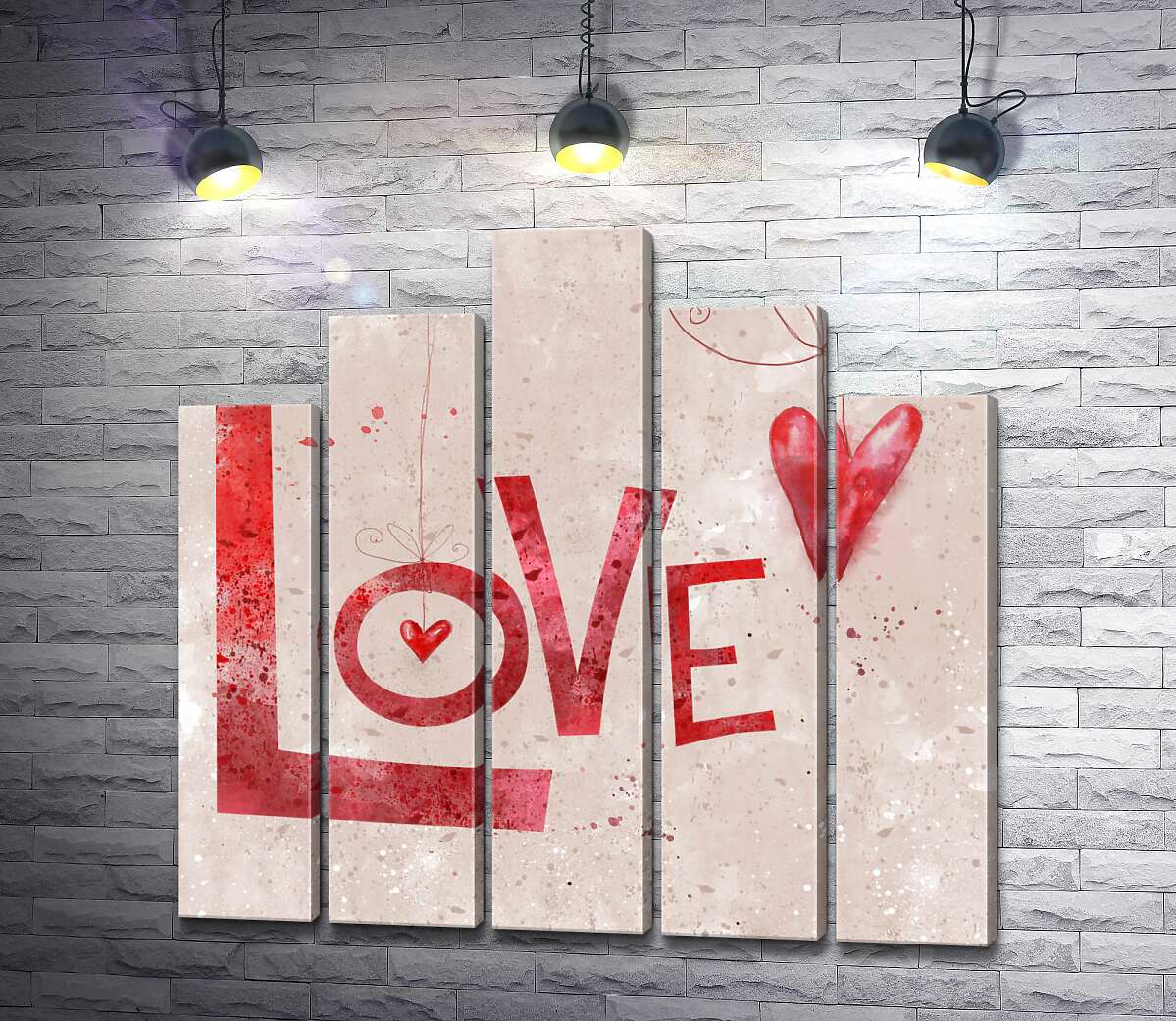 модульная картина Красные сердечки украшают надпись "love" (Модуль №29)
