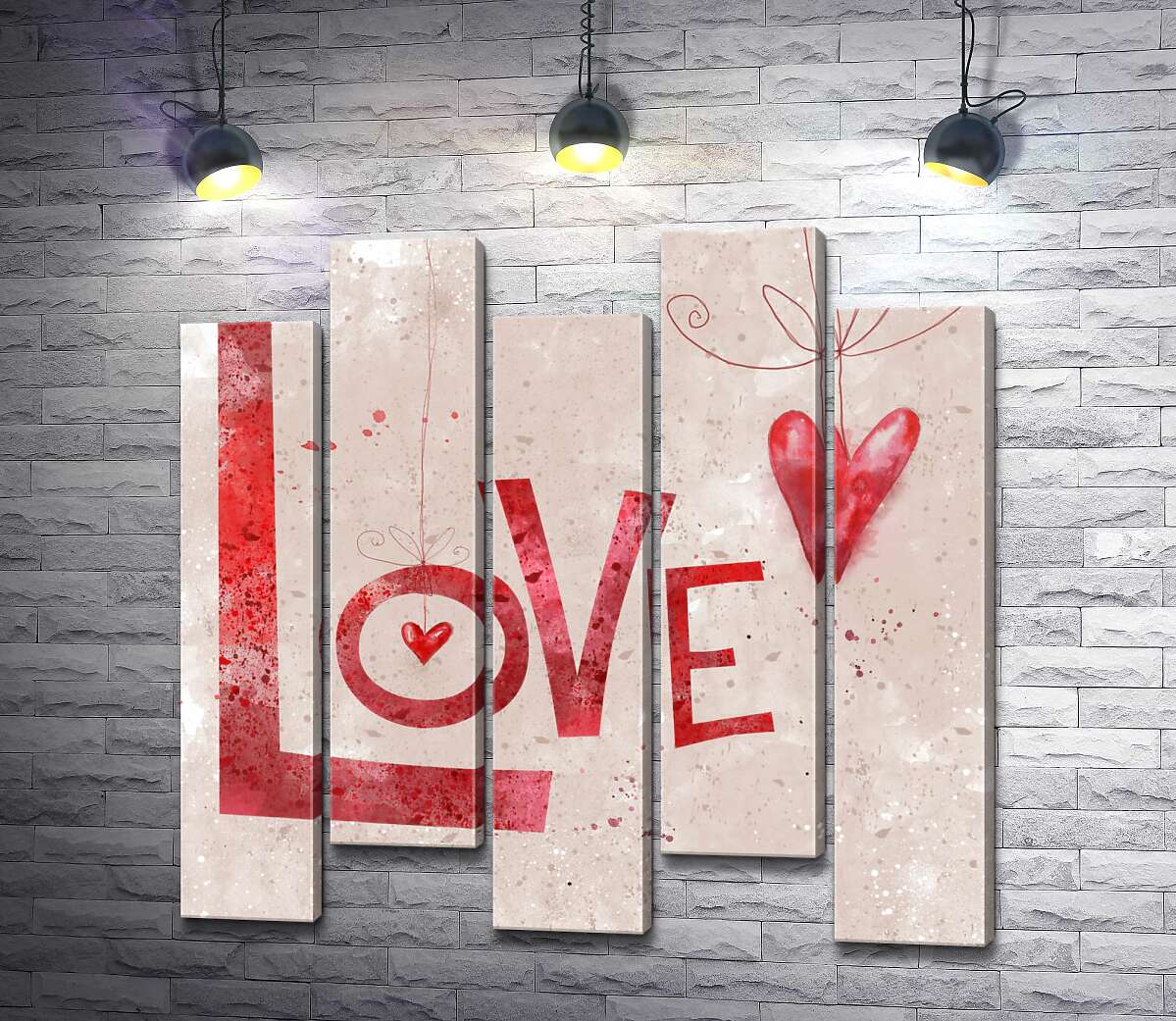 модульная картина Красные сердечки украшают надпись "love" (Модуль №30)