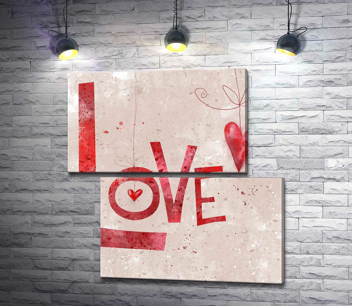 модульная картина Красные сердечки украшают надпись "love" (Модуль №8)